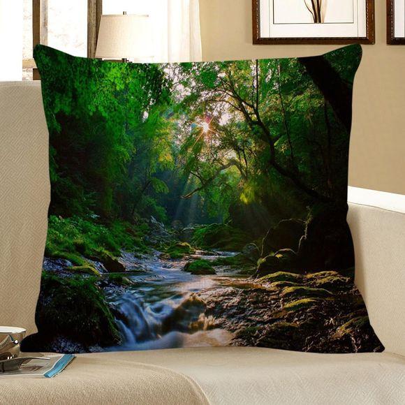 Housse de Coussin Carrée Imprimé Ruisseau à Travers la Montagne - Vert W18 INCH * L18 INCH