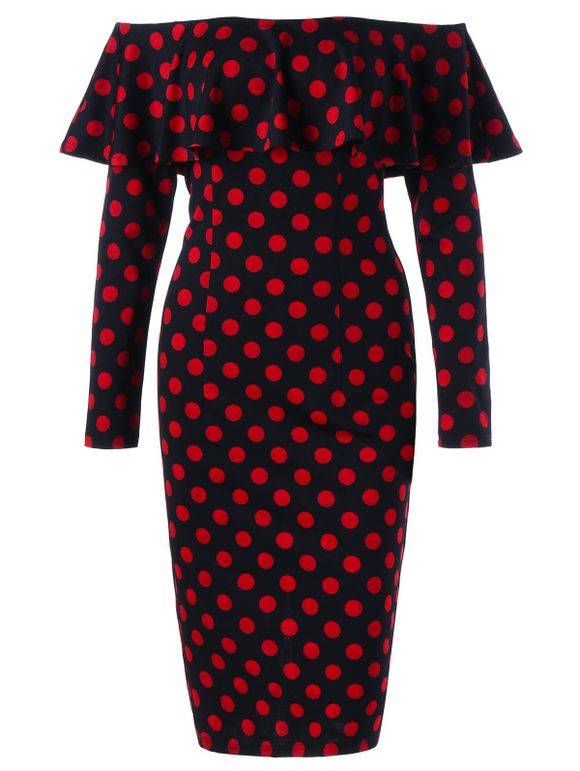 Overlay Polka Dot Off The Shoulder Dress - RED/BLACK XL