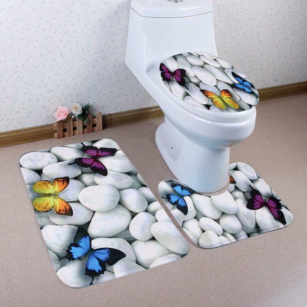 

3Pcs Cobblestone Butterfly Pattern Toilet Mats Set, Grey white