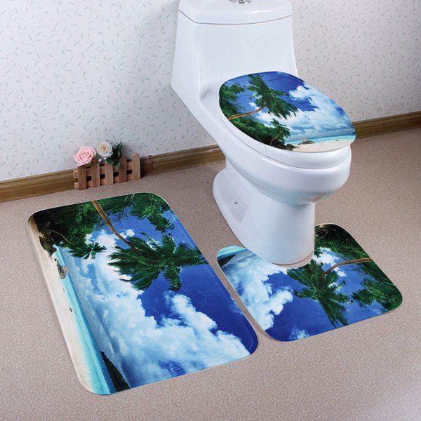 

3Pcs/Set Beach Scenic Toilet Lid Pedestal Rug Floor Mats, Blue