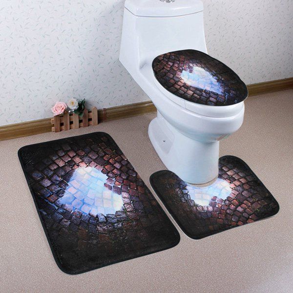 

Coral Fleece 3Pcs Brick Heart Pattern Toilet Mats Set, Dark coffee