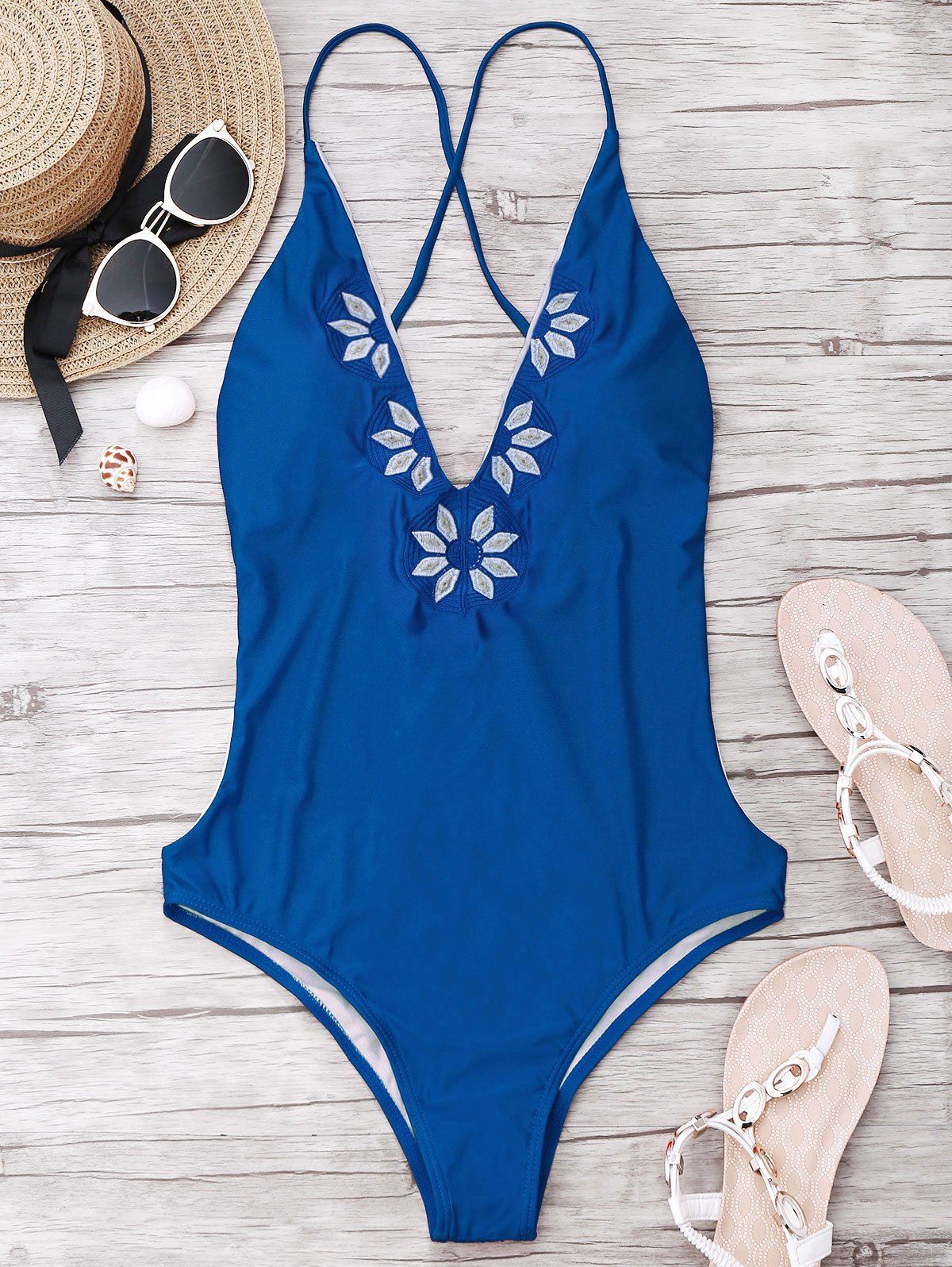 

Emrboidered Deep V Neck One-piece Swimwear, Blue