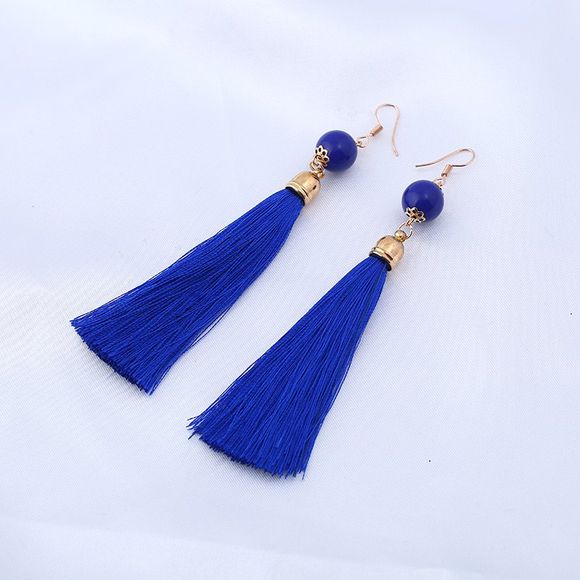 Boucles d'Oreilles Crochets Motif Perles et Pompons Style Vintage - Bleu 