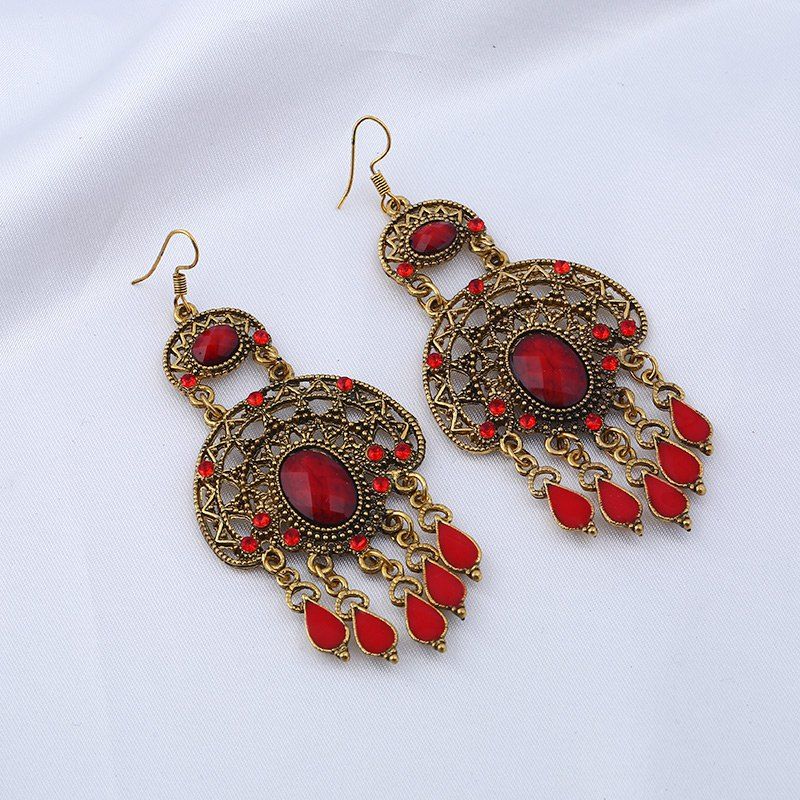2018 Faux Gemstone Oval Teardrop Chandelier Earrings Red In Faux Gemstone Oval Teardrop Chandelier Earrings Red