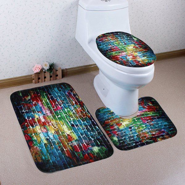 

3Pcs Dazzling Brick Coral Fleece Bathroom Mats Set, Colorful