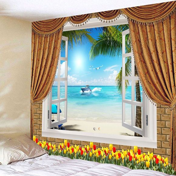Fleurs, fenêtre, Seascape, étanche, mur, tapisserie - Bleu clair W79 INCH * L59 INCH