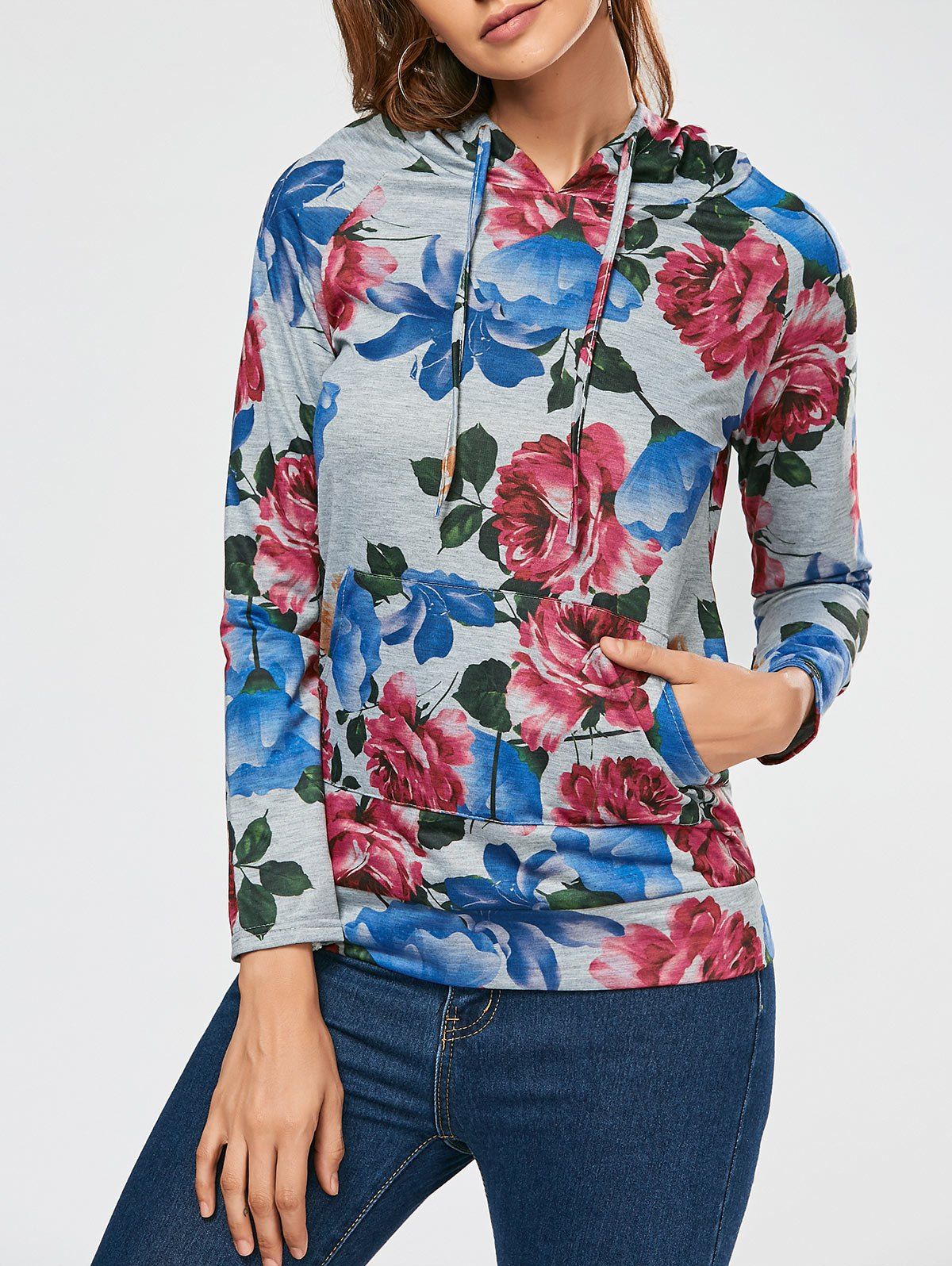 

Raglan Sleeve Floral Print Kangaroo Pocket Hoodie