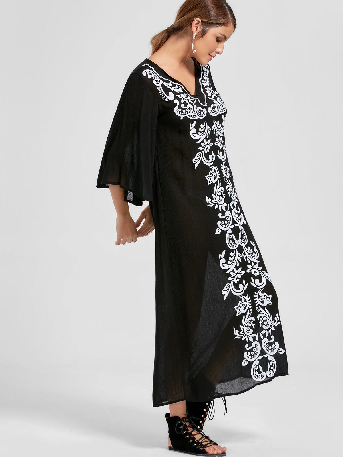 2018 Bandana Floral Flare Sleeve Dress BLACK XL In Print Dresses Online ...