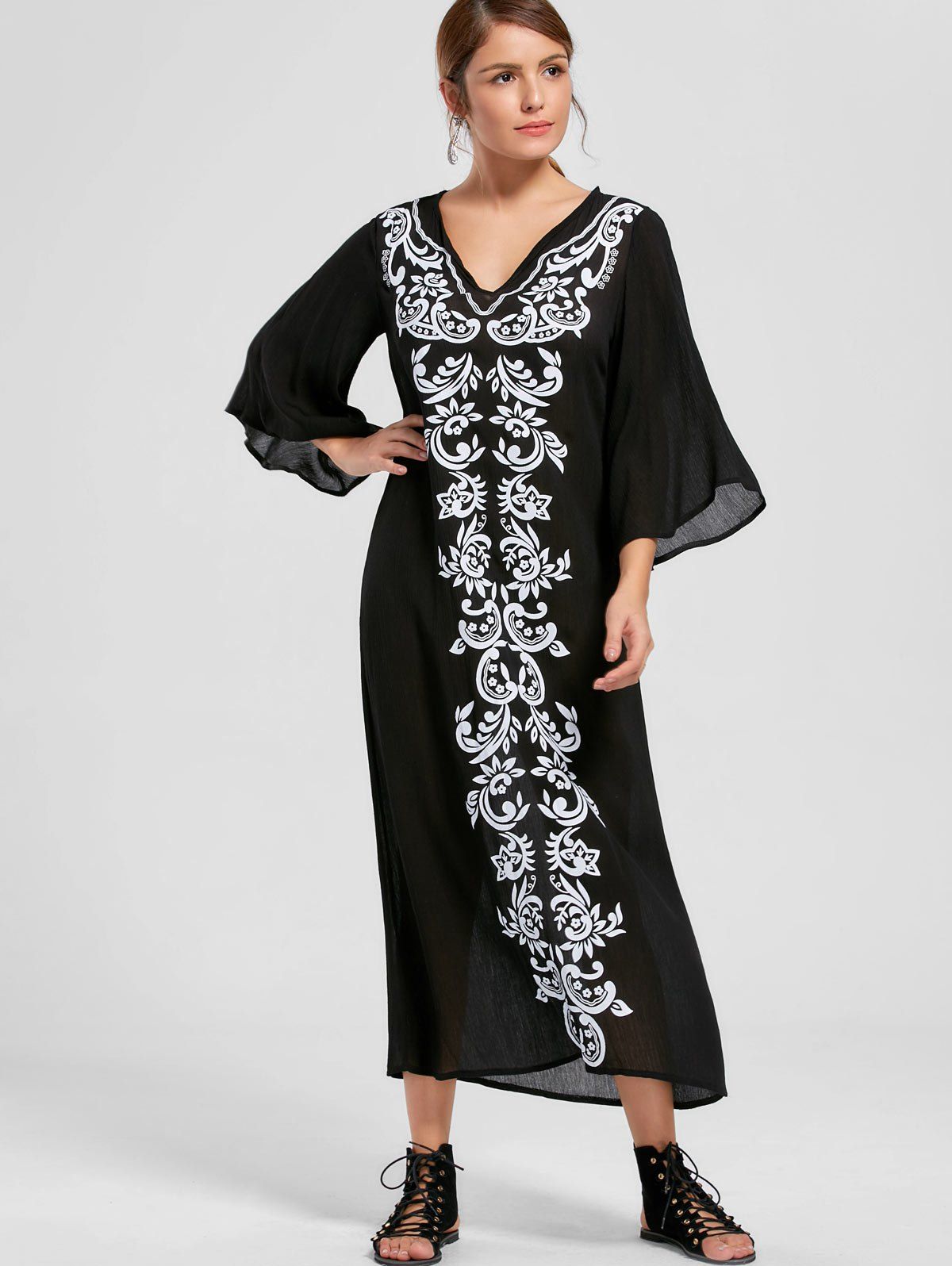 2018 Bandana Floral Flare Sleeve Dress BLACK XL In Print Dresses Online ...