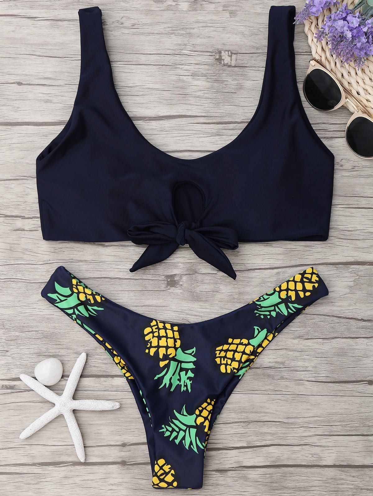 

Pineapple Print Thong Bottom Bikini Set, Purplish blue