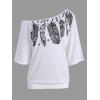 T-shirt Imprimé Plume à Une épaule Nue - Blanc L