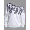 Sweat-shirt Imprimé Plume Épaules Tombantes à Encolure Cloutée - Blanc XL
