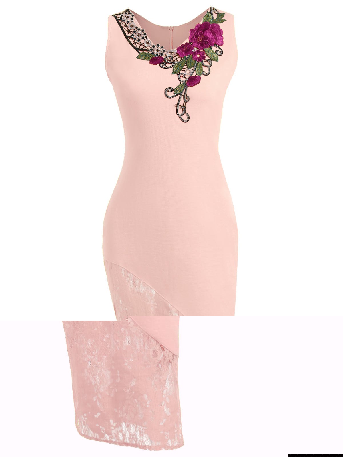 Embroidered Lace Insert Midi Bodycon Dress - LIGHT PINK S
