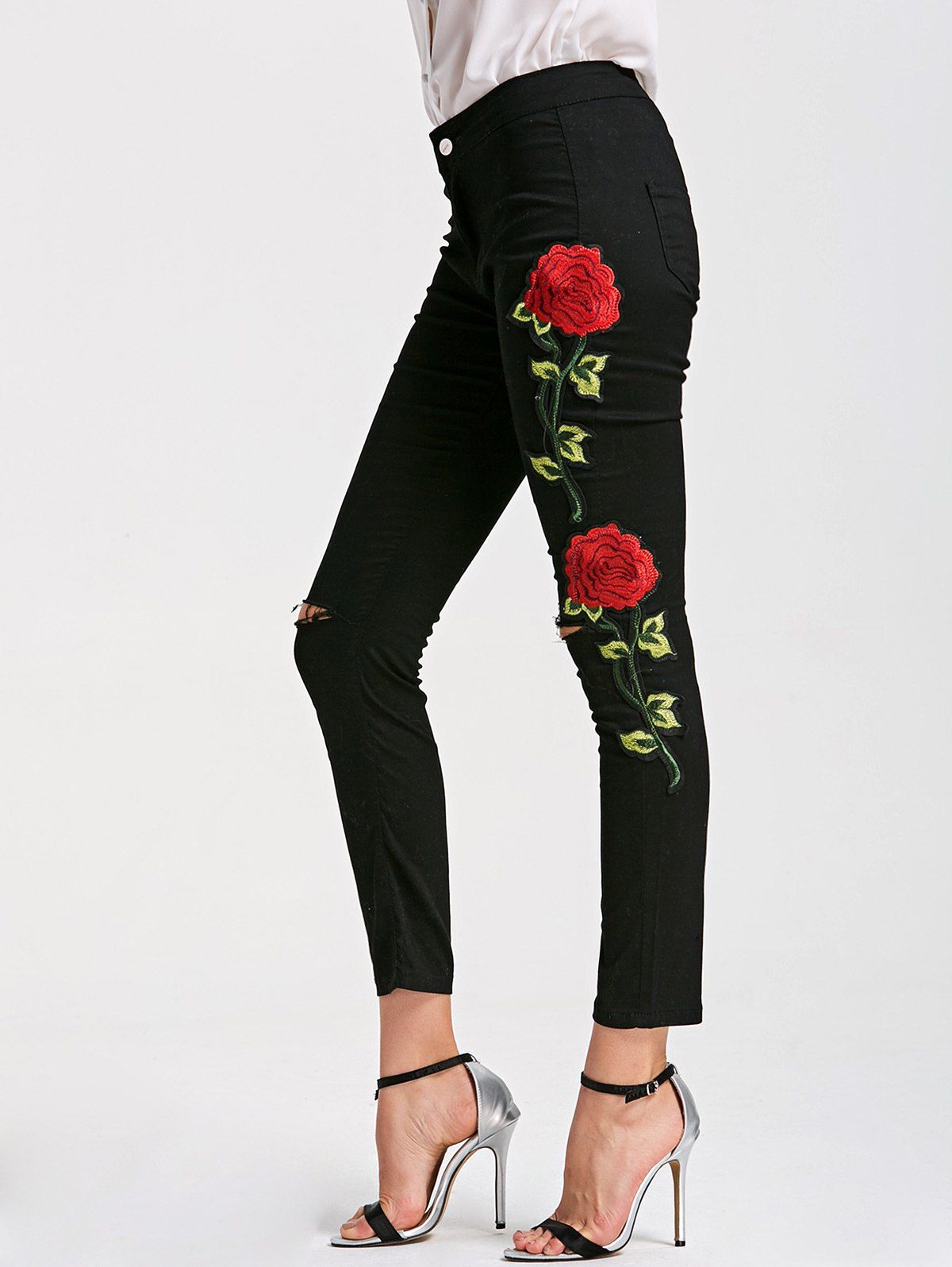 Floral Embroidery Skinny Ribbed Pants - BLACK L