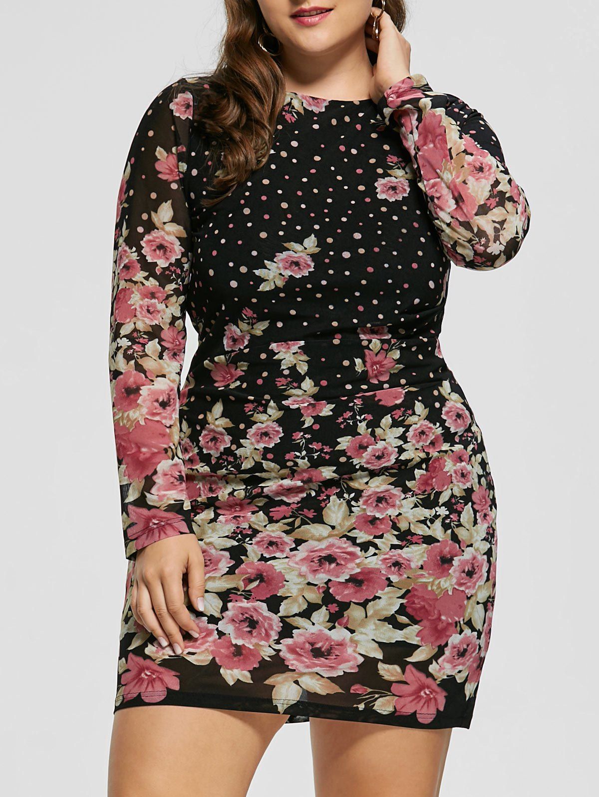 

Plus Size Allover Floral Long Sleeve Dress, Black