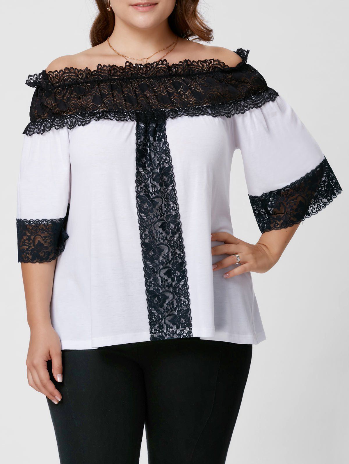 

Plus Size Lace Panel Off The Shoulder Top, White