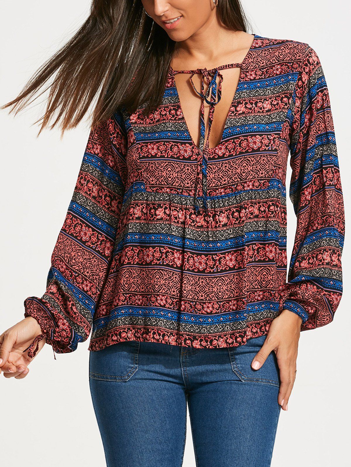 

Bohemia Print Long Sleeve Plunging Neckline Blouse, Red