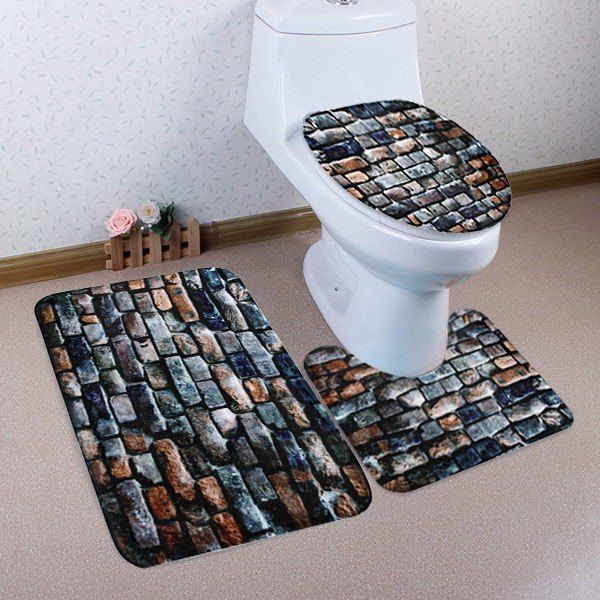 

Brick Wall Pattern 3 Pcs Bathroom Toilet Mat, Blue gray