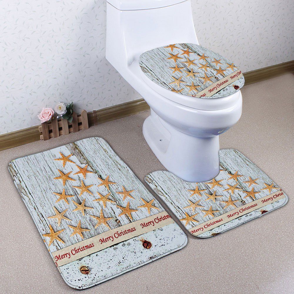 

Starfish Wood Grain Christmas 3Pcs Toilet Bath Rug Set, Grey white