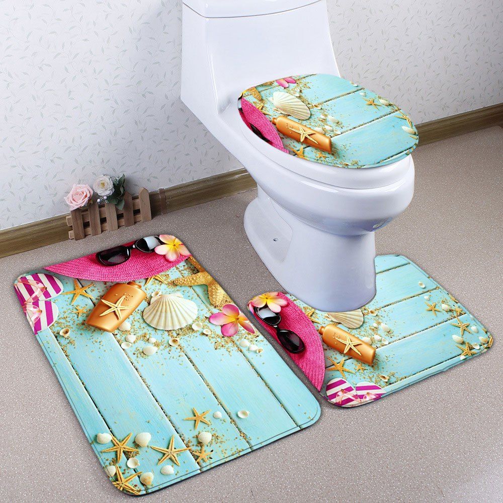 

3Pcs Wood Plank Starfish Print Toilet Bath Mat Set, Charm