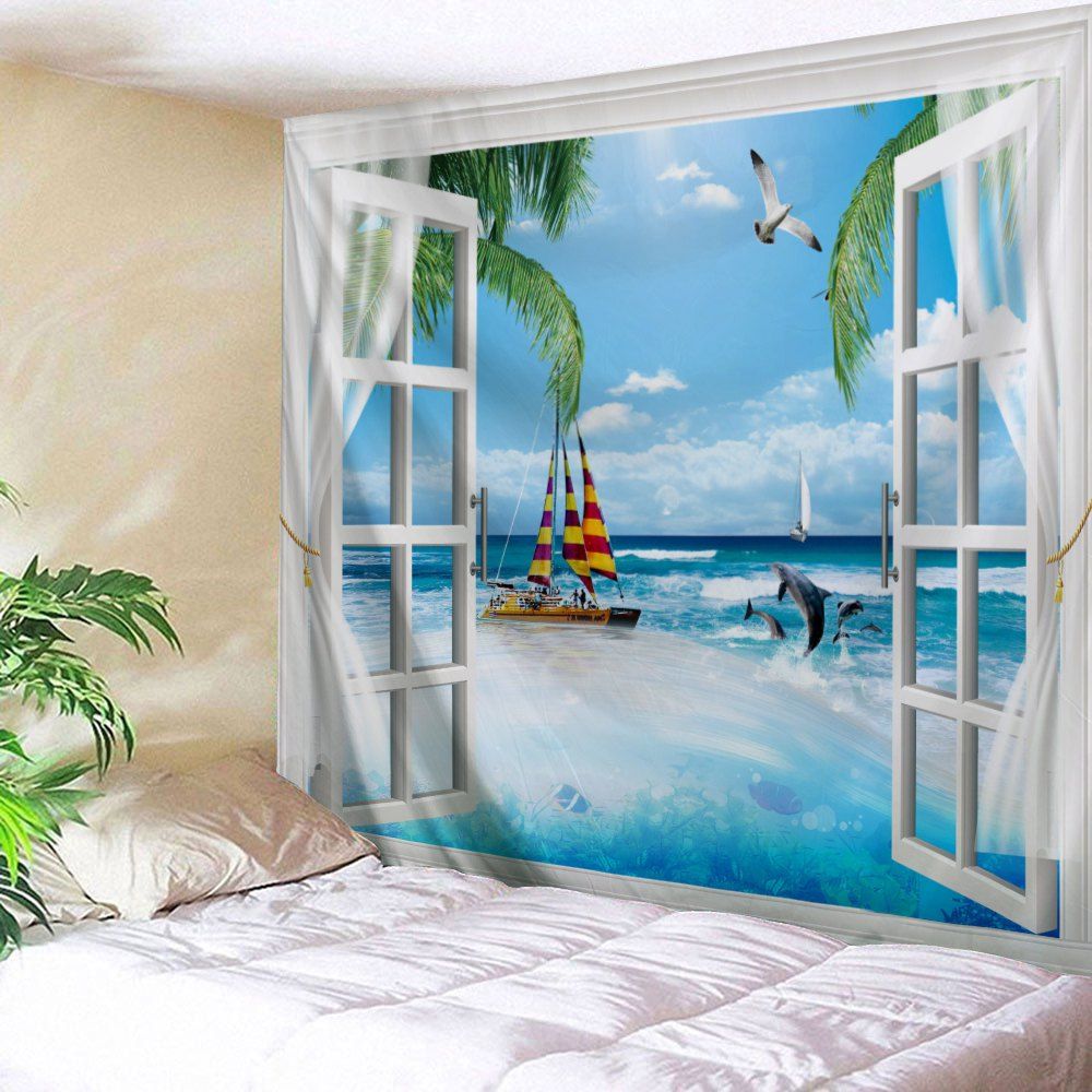 

3D Window Sea Scenic Decorative Wall Tapestry, Sky blue