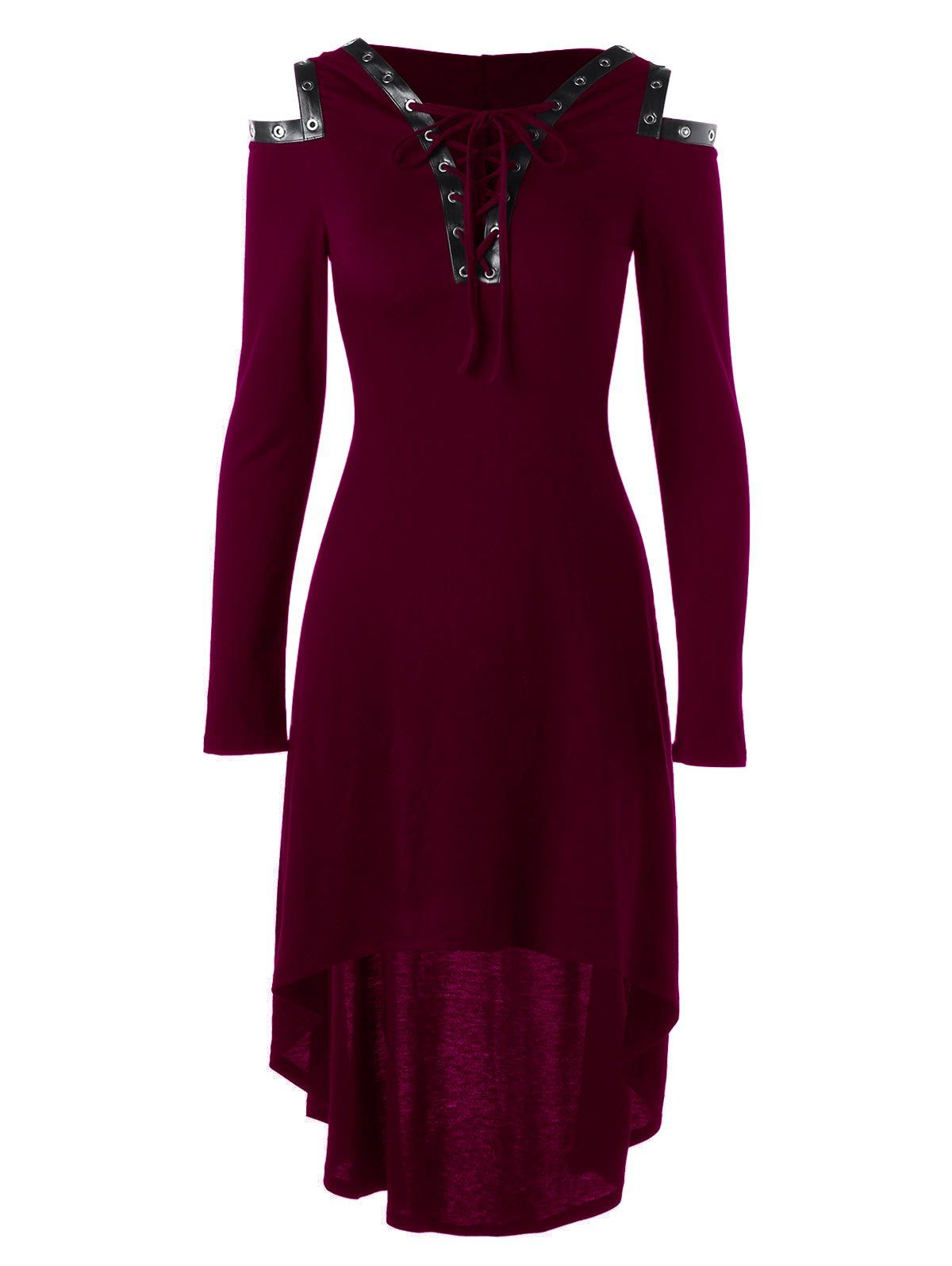 

Lace Up Cold Shoulder Hooded Dress, Red