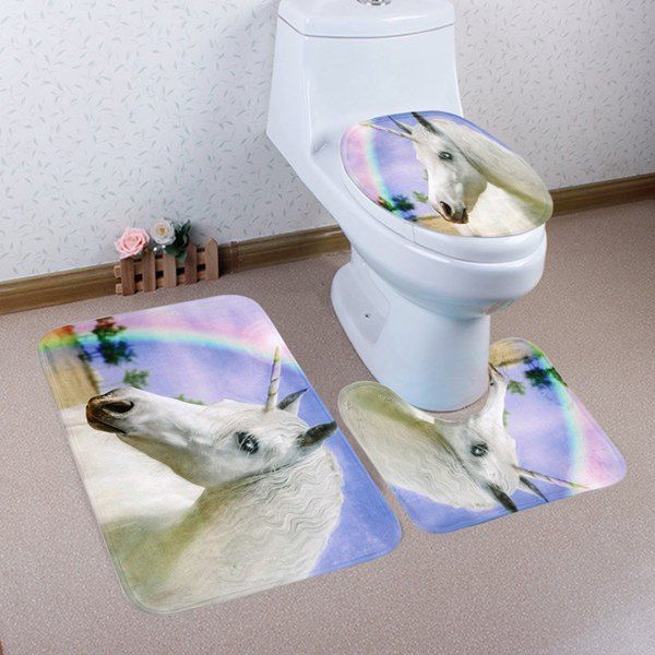 

3Pcs Rainbow Unicorn Antislip Toilet Rugs Set, Colormix
