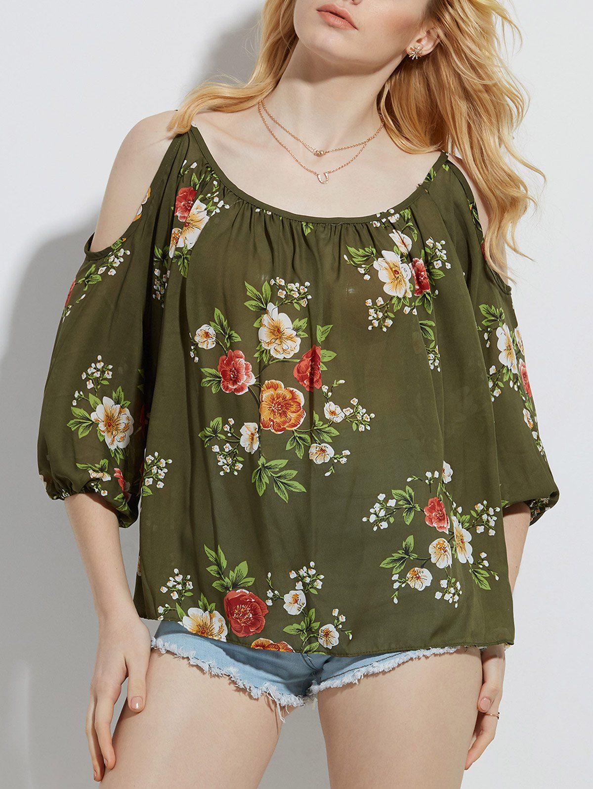 

Floral Printed Cold Shoulder Blouse, Army green