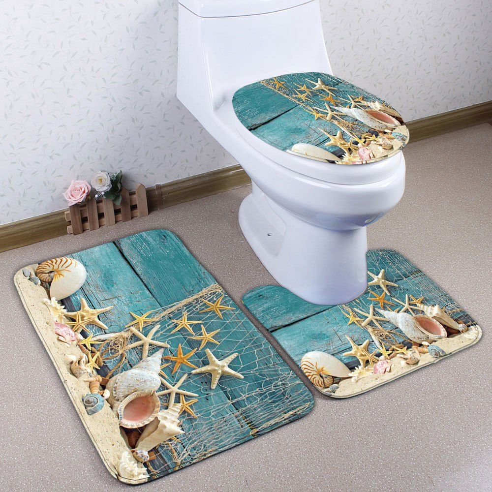 

Plank Starfish Print 3Pcs/Set Flannel Bath Mats, Turquoise