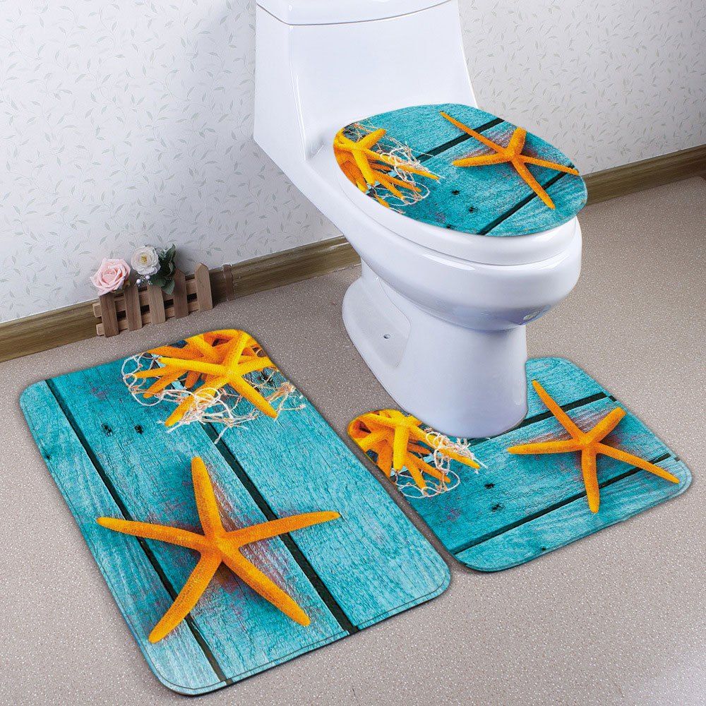 

3Pcs/Set Starfish Plank Print Flannel Bath Toilet Rugs, Turquoise