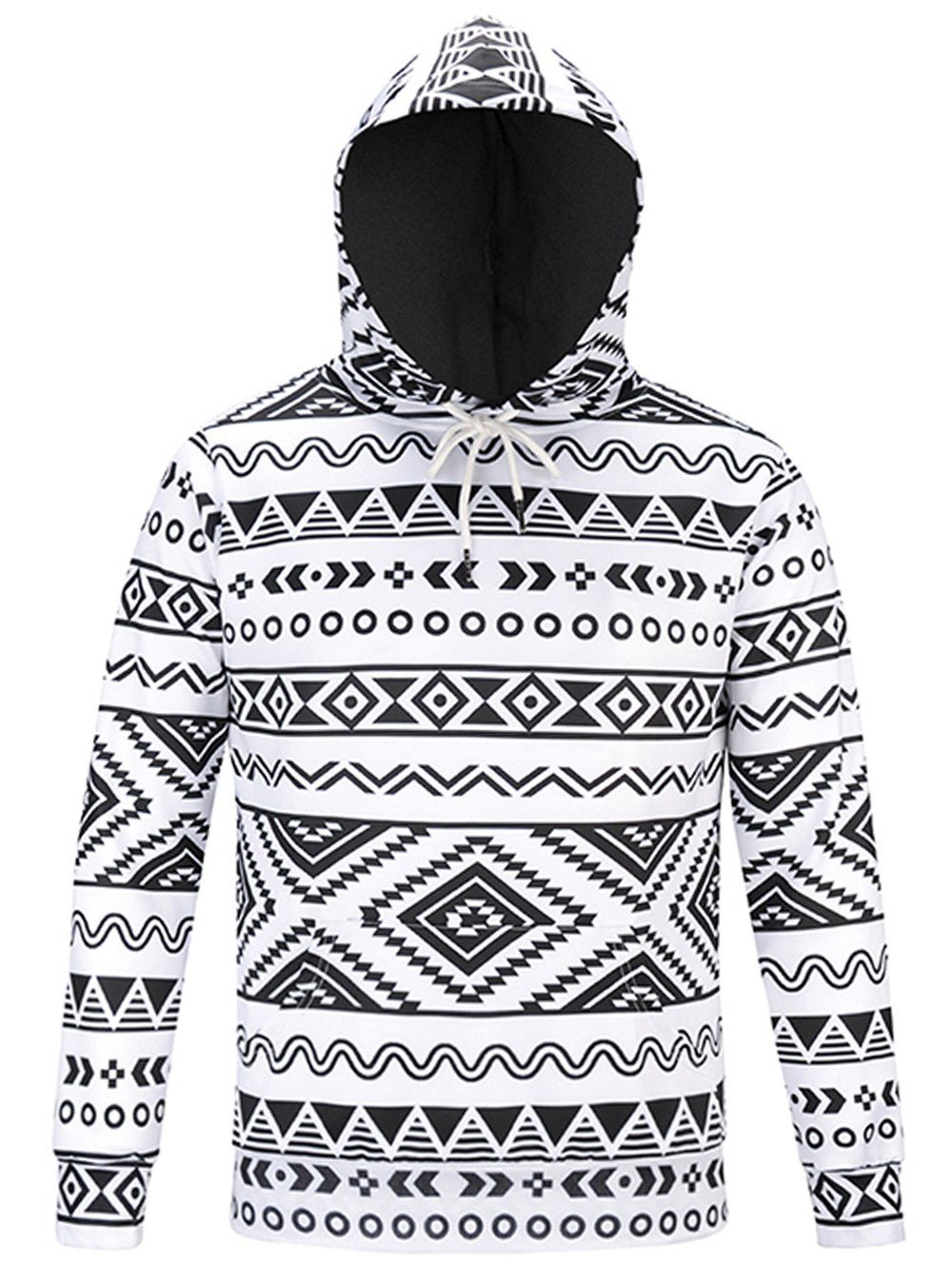 

Ethnic Geometric Print Pocket Hoodie, Black white