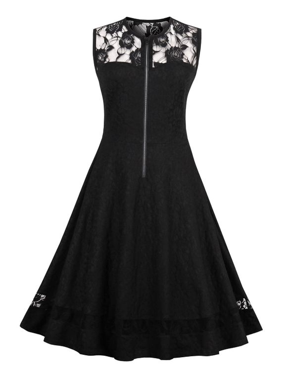 Lace Insert High Waisted Sleeveless 50s Dress - Noir S