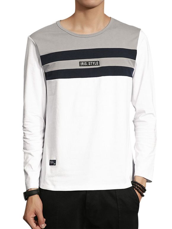 T-Shirt Panneau Applique Rayé en Blocs de Couleurs - Blanc 5XL