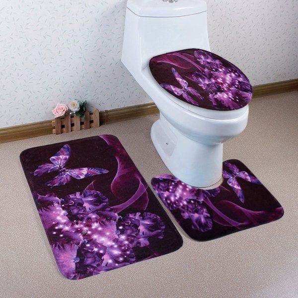 

Butterfly Floral Pattern 3 Pcs Bathroom Toilet Mat, Purple
