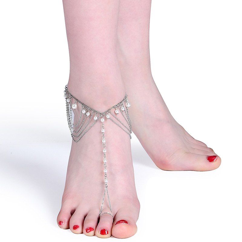 

Artificial Pearl Fringed Chain Slave Anklet, Silver