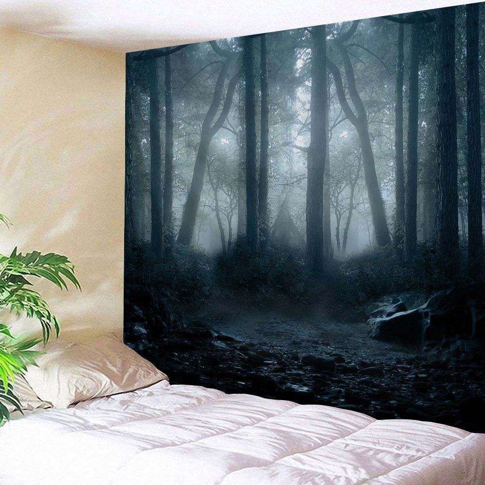 

Misty Forest Print Wall Hanging Tapestry, Black grey