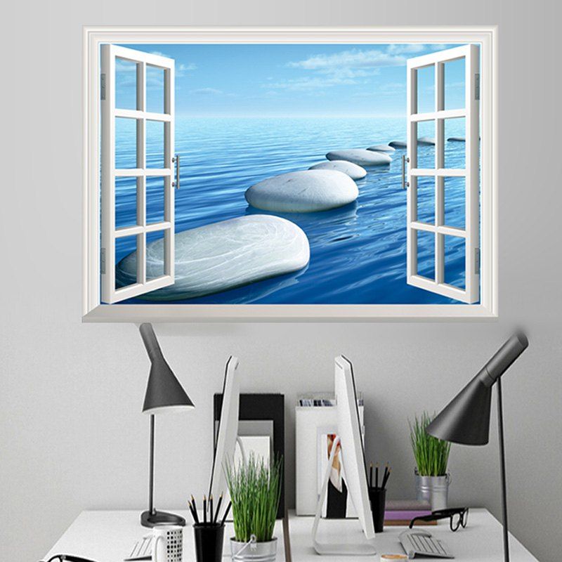 

Window Ocean Stone Pattern 3D Wall Art Sticker, Ice blue