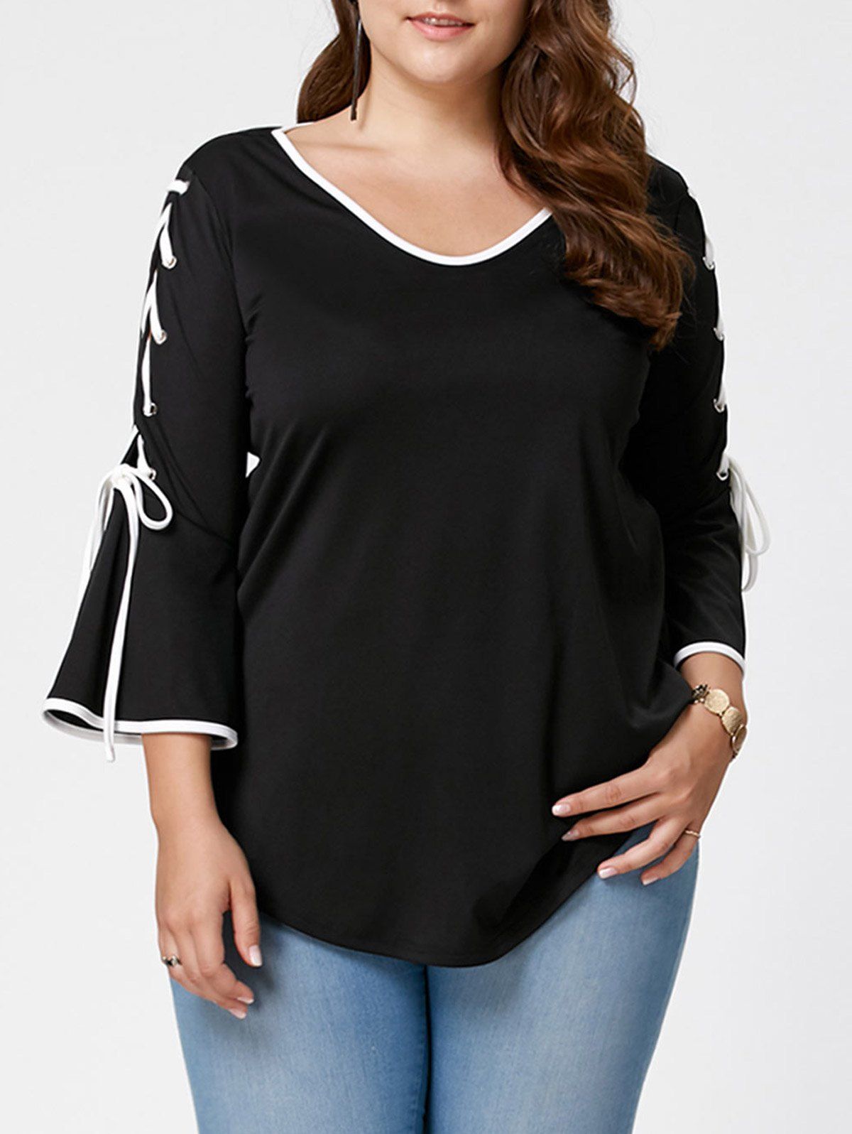 

Plus Size Lace Up Flare Sleeve Top, Black
