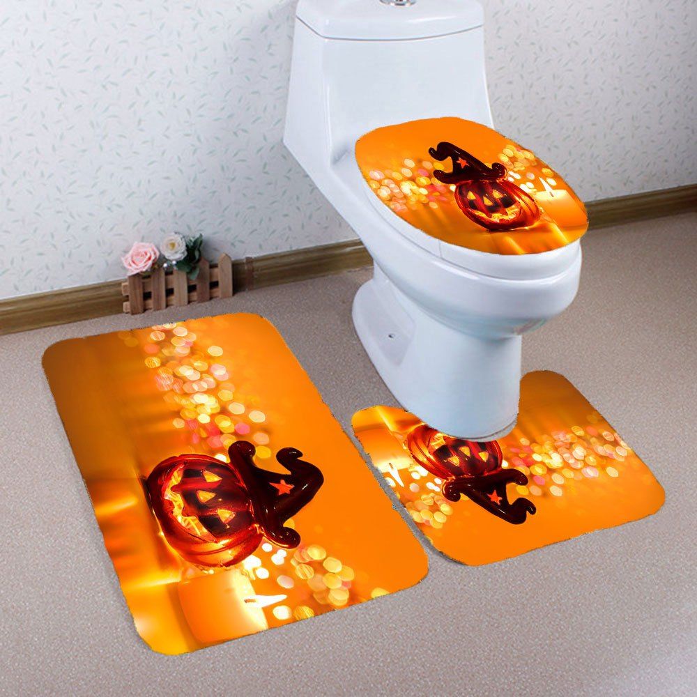 

3Pcs Halloween Pumpkin Candle Printed Nonslip Bathroom Mats Set, Orange