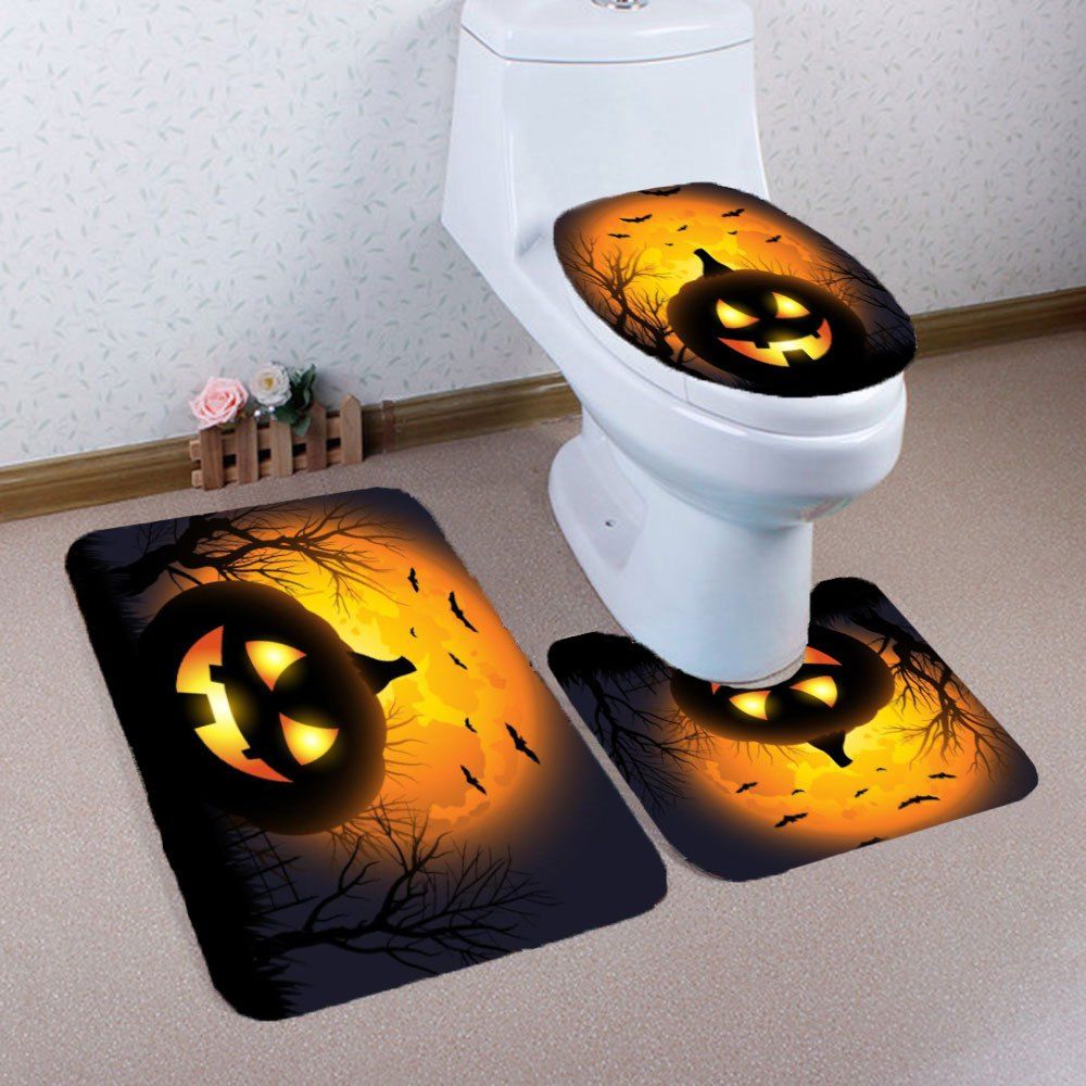 

3Pcs Halloween Pumpkin Withered Tree Printed Bathroom Mats Set, Black and orange