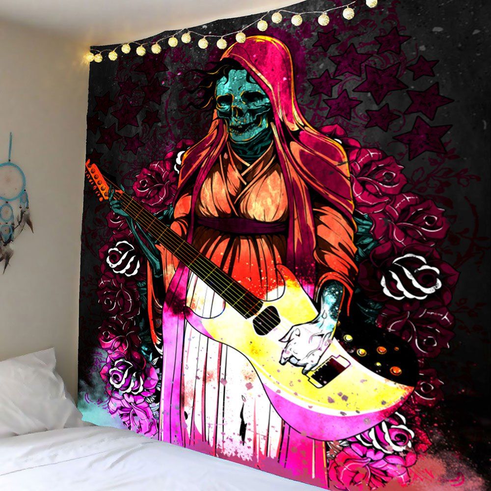 

Wall Decor Flowers Halloween Playing Guitar Skull Tapestry, Colorful