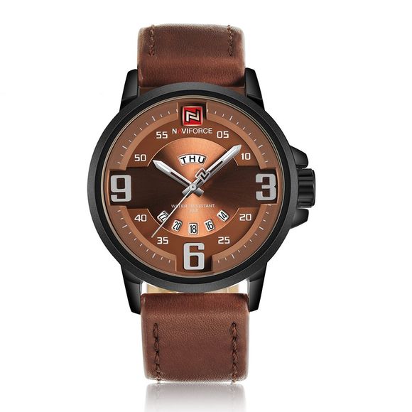 NAVIFORCE 9086 Faux Leather Date Luminous Watch - Noir et Brun 