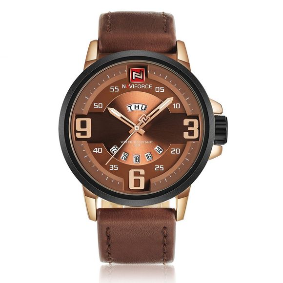 NAVIFORCE 9086 Faux Leather Date Luminous Watch - Rose OR et Brun 