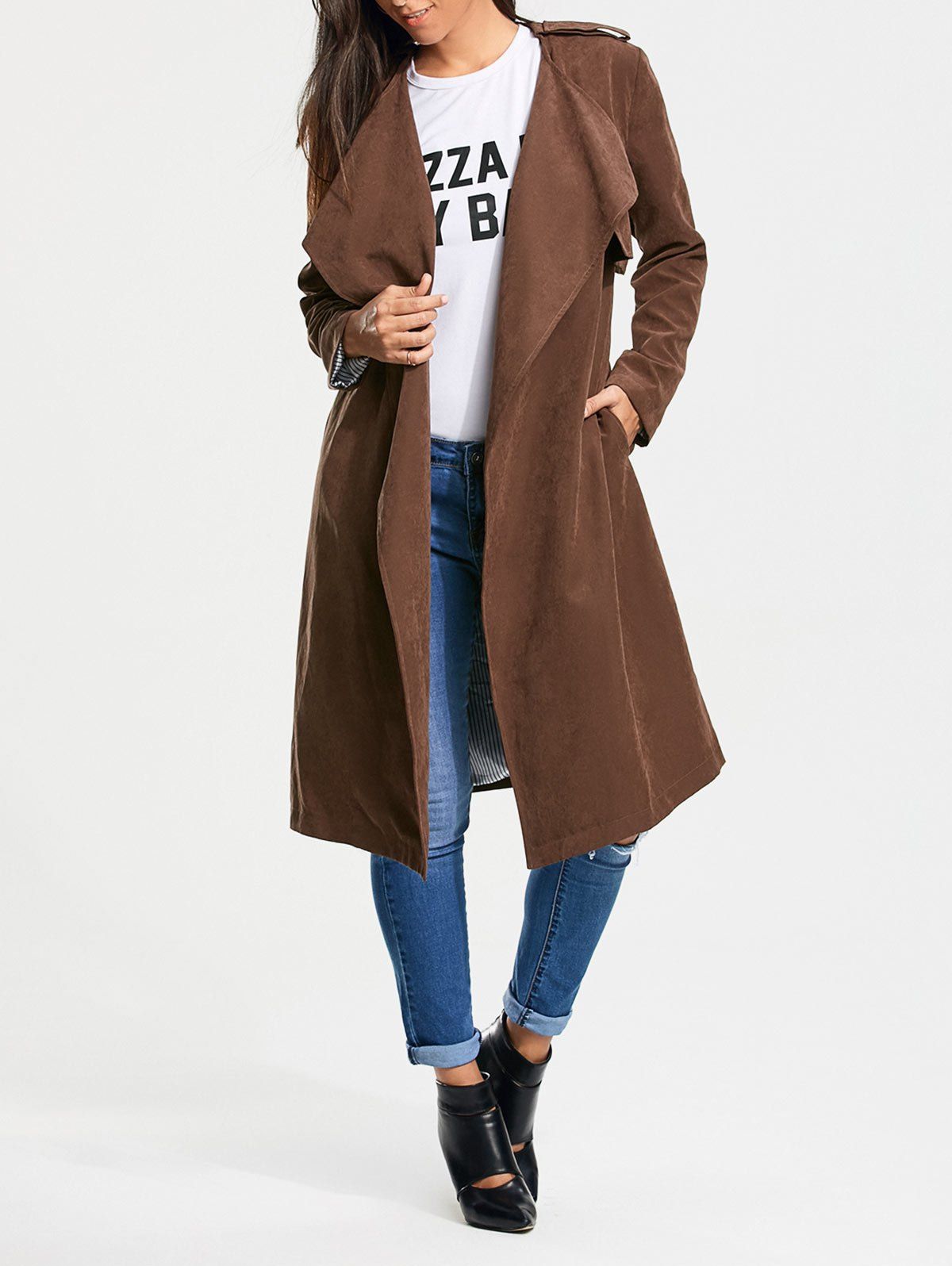 [17% OFF] 2021 Faux Suede Long Belted Wrap Trench Coat In TAN | DressLily