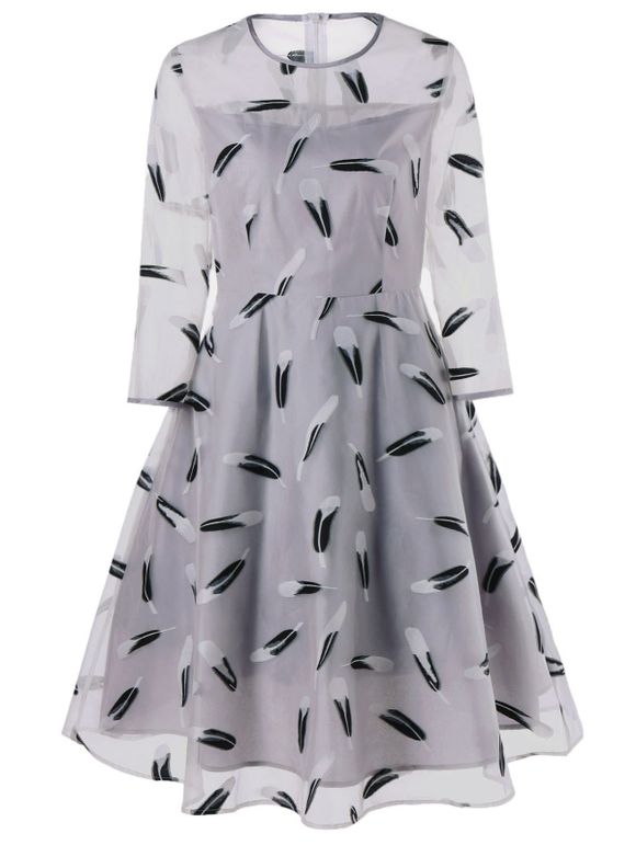 Feather Print See Thru Fit et Flare Dress - Gris L