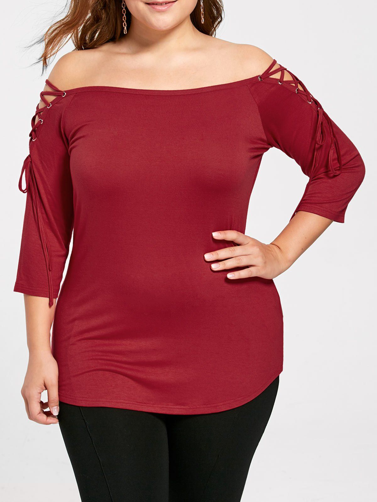 

Plus Size Lace Up Off The Shoulder Top, Red