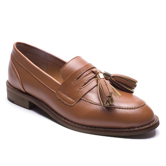 Faux Leather Tassels Flat Shoes - Brun 37