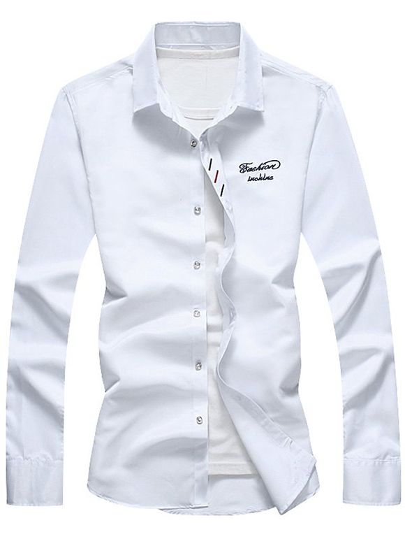 Chemise Brodée Boutonnée à Manches Longues - Blanc XL