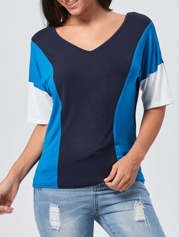 T-shirt Tunique en couleur à col en V - Bleu L