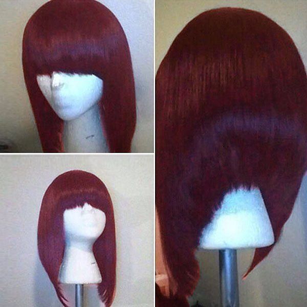 

Full Bang High Low Short Straight Bob Synthetic Wig, Wine red